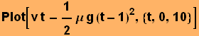 Plot[v t - 1/2μ g (t - 1)^2, {t, 0, 10}]