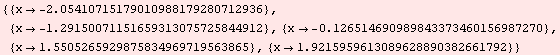 RowBox[{{, RowBox[{RowBox[{{, RowBox[{x, , RowBox[{-, 2.05410715179010988179280712936} ... 9719563865}], }}], ,, RowBox[{{, RowBox[{x, , 1.9215959613089628890382661792}], }}]}], }}]