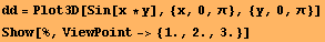 dd = Plot3D[Sin[x * y], {x, 0, π}, {y, 0, π}] RowBox[{Show, [, RowBox[{%, ,, RowBox[{ViewPoint, ->, RowBox[{{, RowBox[{1., ,, 2., ,, 3.}], }}]}]}], ]}] 
