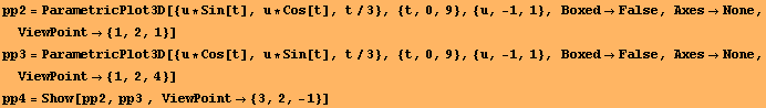 pp2 = ParametricPlot3D[{u * Sin[t], u * Cos[t], t/3}, {t, 0, 9}, {u, -1, 1}, BoxedFals ... xesNone, ViewPoint {1, 2, 4}] pp4 = Show[pp2, pp3 , ViewPoint {3, 2, -1}] 