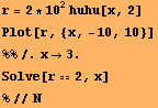 r = 2 * 10^2huhu[x, 2] Plot[r, {x, -10, 10}] RowBox[{%%, /., RowBox[{x, , 3.}]}] Solve[r2, x] %//N 