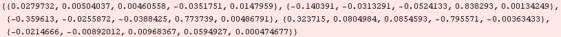 RowBox[{{, RowBox[{RowBox[{{, RowBox[{0.0279732, ,, 0.00504037, ,, 0.00460558, ,, RowBox[{-, 0 ... 0.0214666}], ,, RowBox[{-, 0.00892012}], ,, 0.00968367, ,, 0.0594927, ,, 0.000474677}], }}]}], }}]