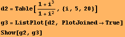 d2 = Table[(1 + i^3)/(1 + i^2), {i, 5, 20}] g3 = ListPlot[d2, PlotJoinedTrue] Show[g2, g3] 