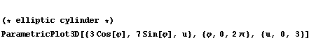  (* elliptic cylinder *)  ParametricPlot3D[{3 Cos[φ], 7 Sin[φ], u}, {φ, 0, 2 π}, {u, 0, 3}]      